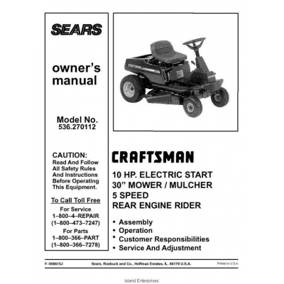 Sears Craftsman Rear Engine Rider 10 HP Electric Start 30" Mower/ Mulcher 5 Speed Model 536.270112 Owner's Manual $4.95