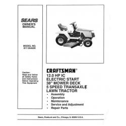 Sears Craftsman 917.254520 12.0 HP IC Electric Start 38" Mower Deck 5 Speed Transaxle Lawn Tractor Owner's Manual