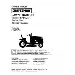 917.271750 18.0 HP 42" Mower Electric Start 6 Speed Transaxle Owner's Manual Lawn Tractor Sears Craftsman