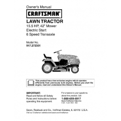 917.272351 15.5 HP 42" Mower Electric Start 6 Speed Transaxle Lawn Tractor Sears Craftsman