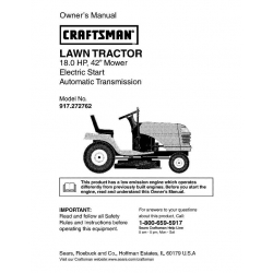 917.272762 18.0 HP 42" Mower Electric Start Automatic Transmission Owner's Manual Lawn Tractor Sears Craftsman