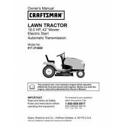 917.274660 19.0 HP 42" Mower Electric Start Automatic Transmission Owner's Manual Lawn Tractor Craftsman