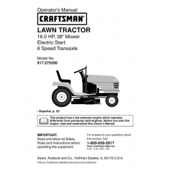 917.275350 16.0 HP 38" Mower Electric Start 6 Speed Transaxle Lawn Tractor Owner's Manual Sears Craftsman
