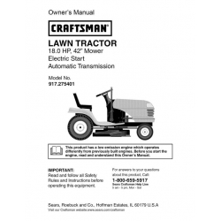 917.275401 18.0 HP 42" Mower Electric Start Automatic Transmission Owner's Manual Lawn Tractor Sears Craftsman