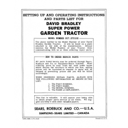 Garden Tractor (David Bradley) SUPER POWER Model No. 917.575102 SETTING UP AND OPERATING INSTRUCTIONS AND PARTS LIST