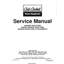 Cub Cadet 190-328, 190-336, 190-349, 190-357, 190-358, 190-359, 190-374,383,433/383,388/389 and 759-3493 Super Garden Tractors Service Manual 1991