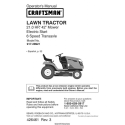 Sears Craftsman 917.28921 21.0 HP 42" Mower Electric Start 6 Speed Transaxle Operator's Manual