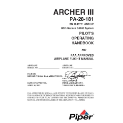Piper Archer III PA-28-181 With Garmin G1000 System Pilot's Operating Handbook and Airplane Flight Manual VB-2266